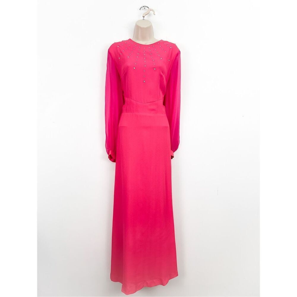 Montgomery Ward Women’s Pink Sheer Long Sleeve Rhinestone Embellished Maxi Dress